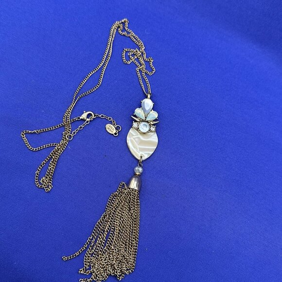 Long Jade & Jasper Gold-Tone Pendant Necklace Crystals & Tassel - Picture 8 of 10